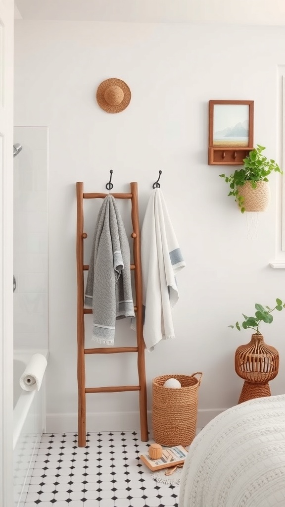 A wooden ladder holding towels in a stylish bathroom with vintage decor.