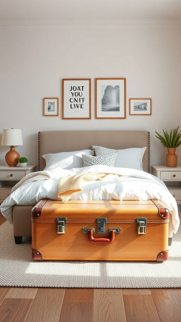 A vintage suitcase used for storage at the foot of a bed in a cozy bedroom setting.