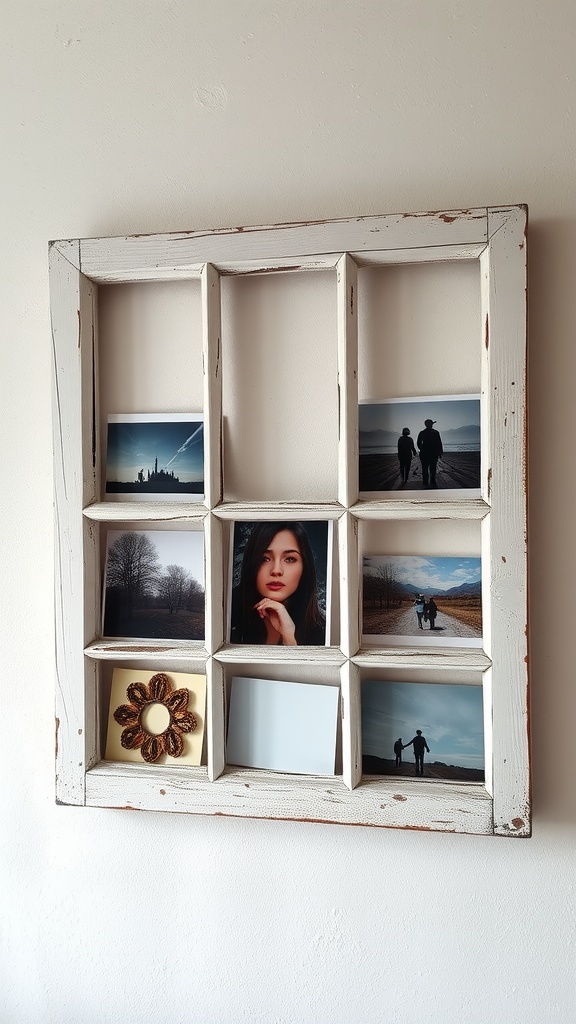 A repurposed window frame with photos and a decorative flower design.