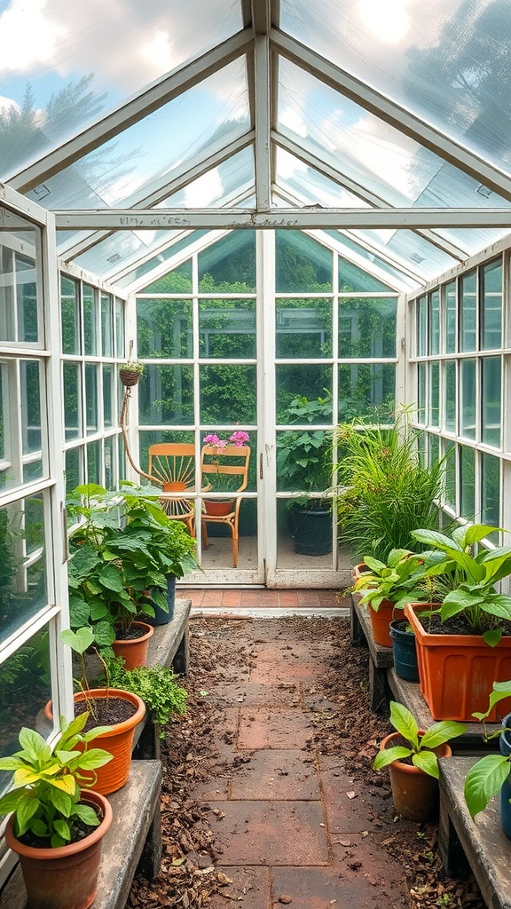A cozy greenhouse made from repurposed windows, featuring various potted plants and a small seating area.