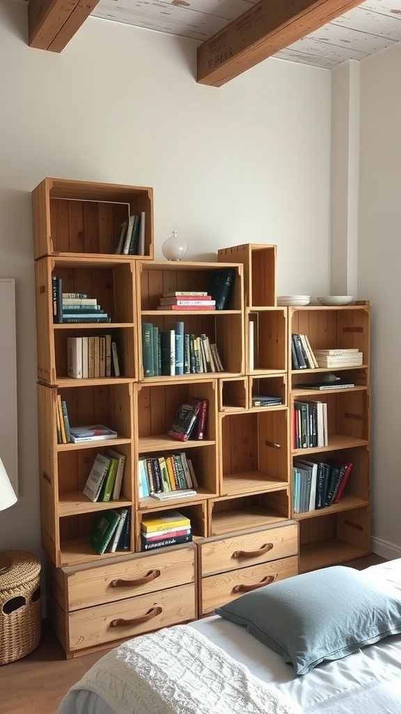 A stylish bookshelf made from repurposed wooden crates, filled with books and decorative items in a cozy bedroom.