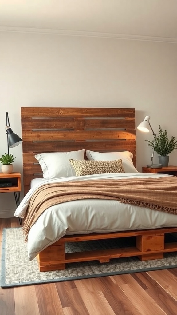 A cozy bedroom featuring a wooden pallet bed frame with a rustic headboard, soft bedding, and plants on nightstands.