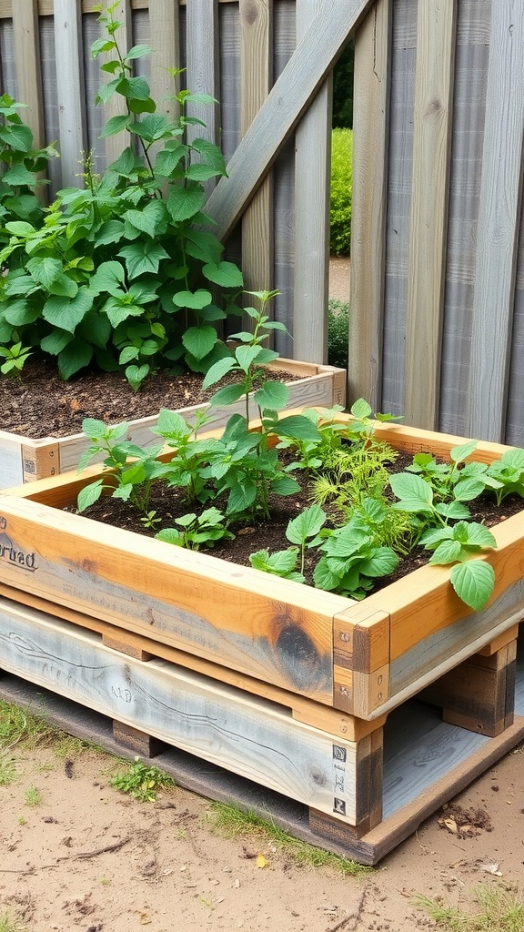 A wooden pallet raised garden bed filled with various plants.