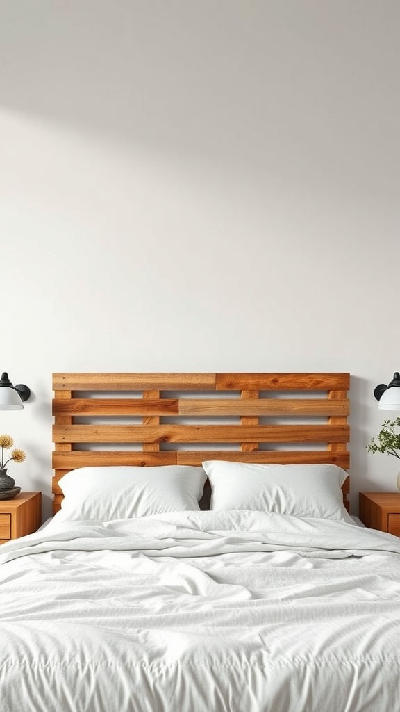 A wooden pallet headboard above a neatly made bed with white sheets and pillows.