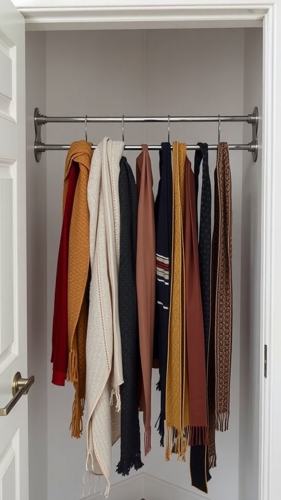 A small closet featuring a tension rod filled with colorful scarves and belts, showcasing a neat organization method.