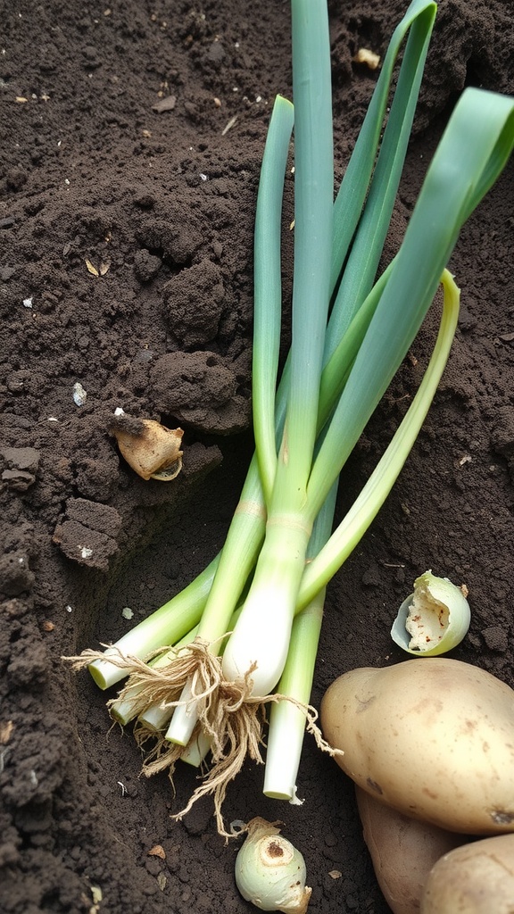 Freshly sprouted green onions emerging from soil with some potato remnants.