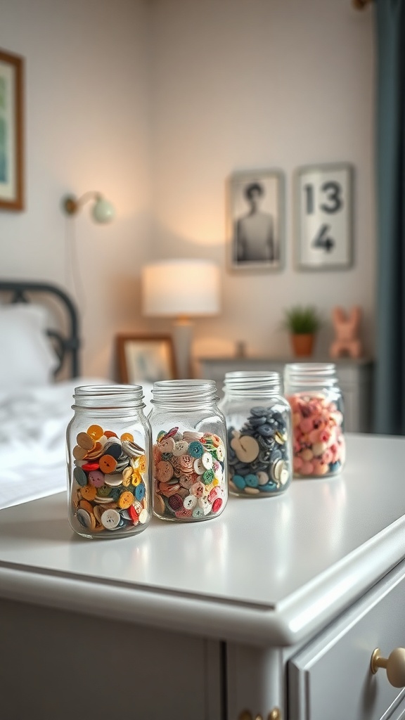 A row of mason jars filled with colorful buttons on a bedroom dresser.