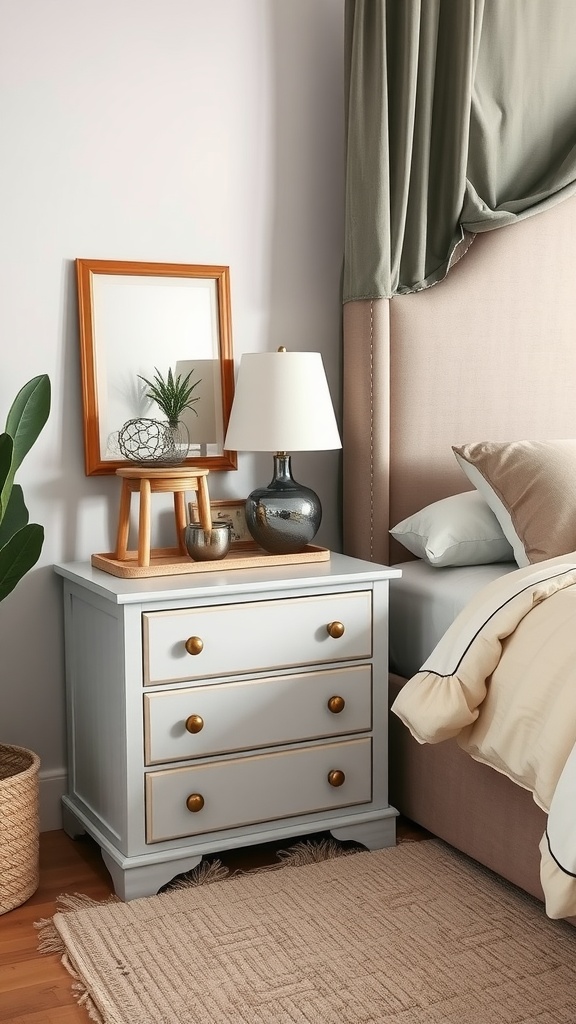 Repurposed nightstand with gray finish, gold accents, and decorative elements in a cozy bedroom.