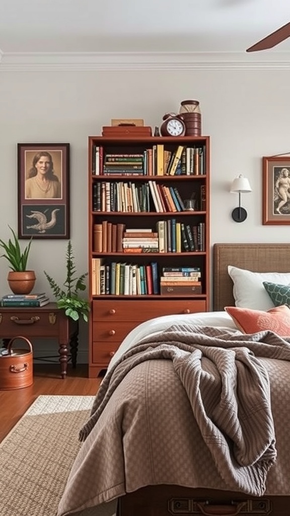 A cozy bedroom featuring a wooden bookshelf filled with books, a vintage clock, and decorative items.