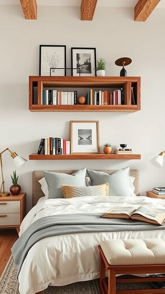 A rustic bedroom featuring wood beams and stylish shelving