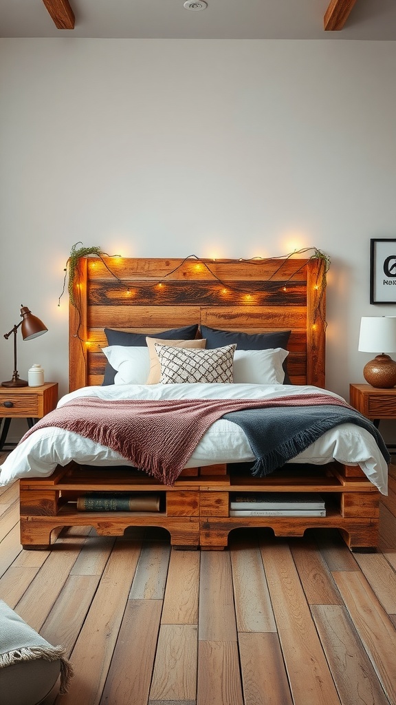 A wooden pallet bed frame with fairy lights and a cozy blanket
