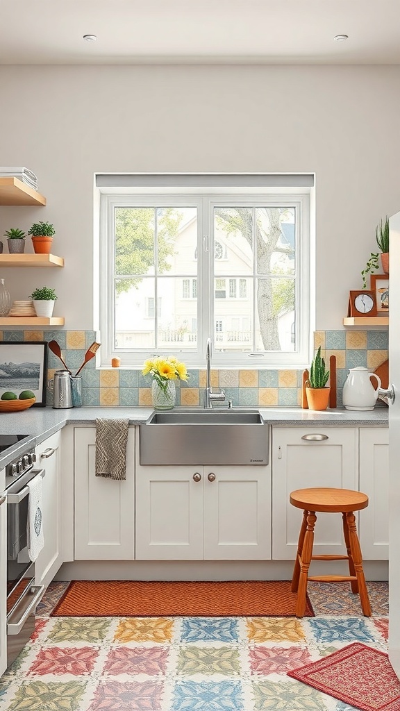 A bright kitchen with a colorful retro tile backsplash, white cabinets, and wooden shelves.