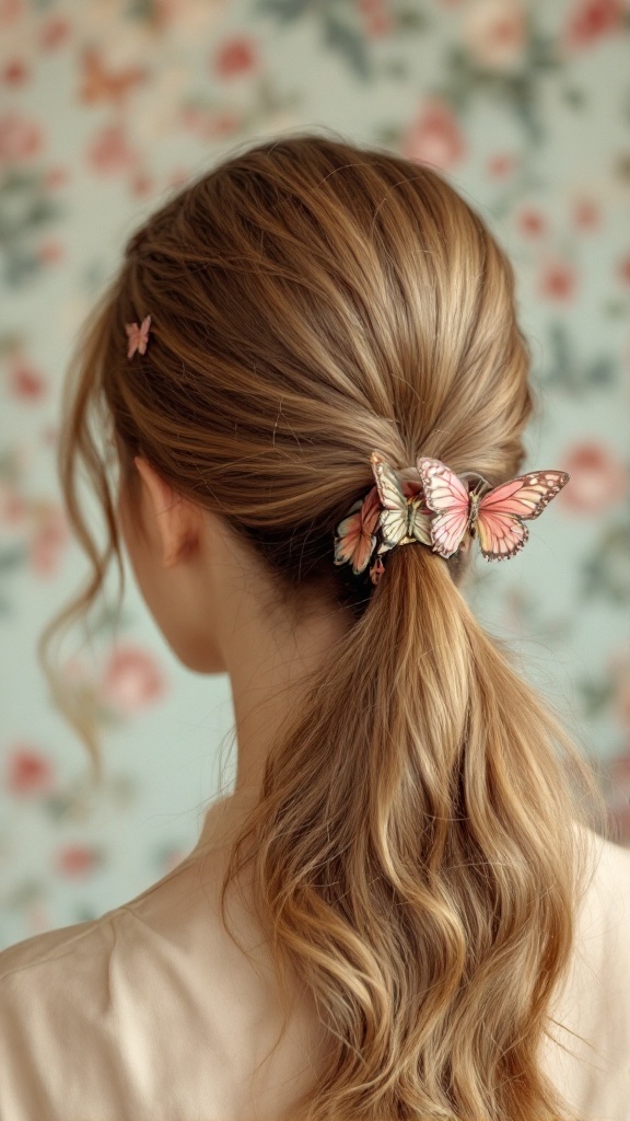 A woman with a ponytail styled with a butterfly clip, showcasing a retro hairstyle.