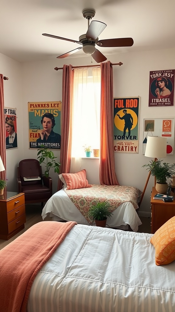 A bedroom with retro-inspired design featuring vintage posters, warm-toned curtains, and cozy furnishings.