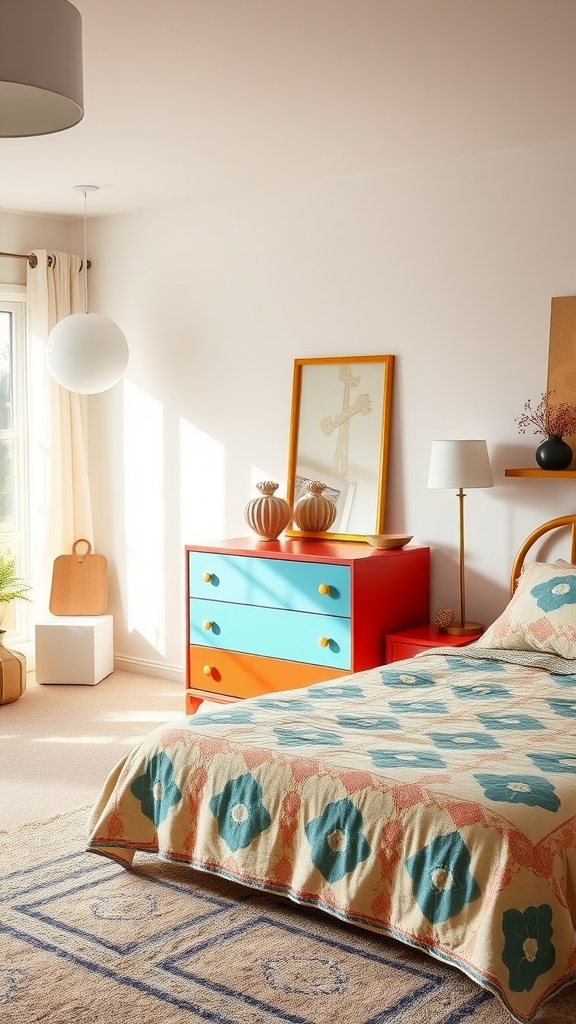 A retro-inspired bedroom featuring a colorful dresser, floral bedspread, and stylish decor