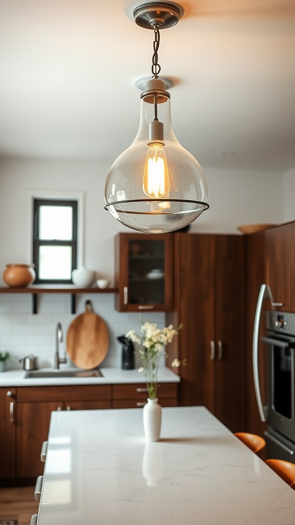 A vintage-inspired glass pendant light hanging over a kitchen island with wooden cabinets.