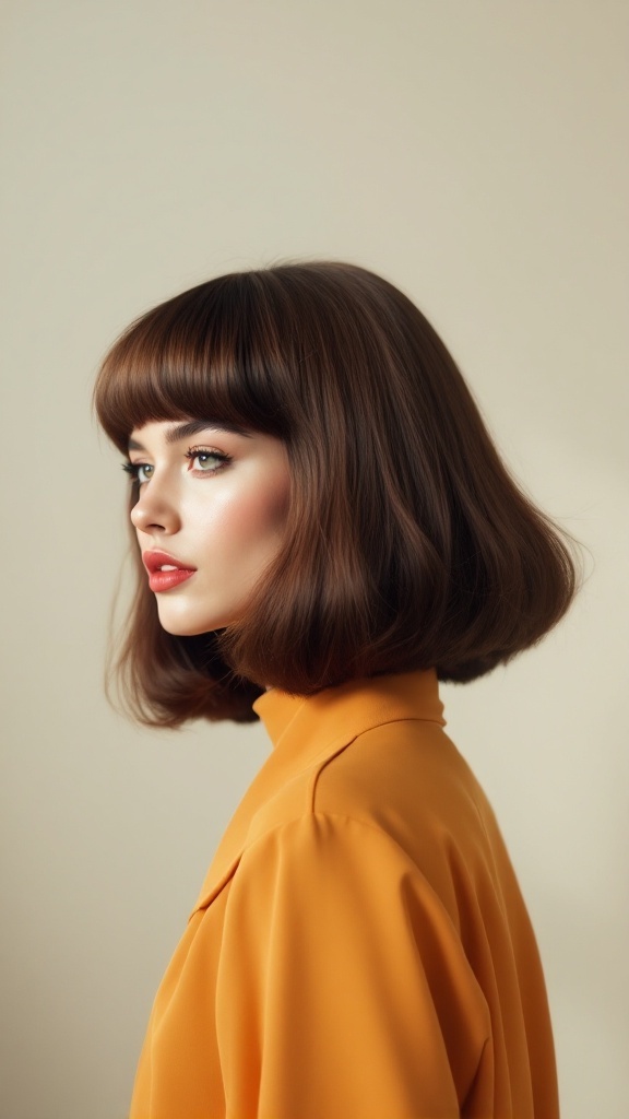 A woman with a long fringe hairstyle styled in a retro 70s fashion.