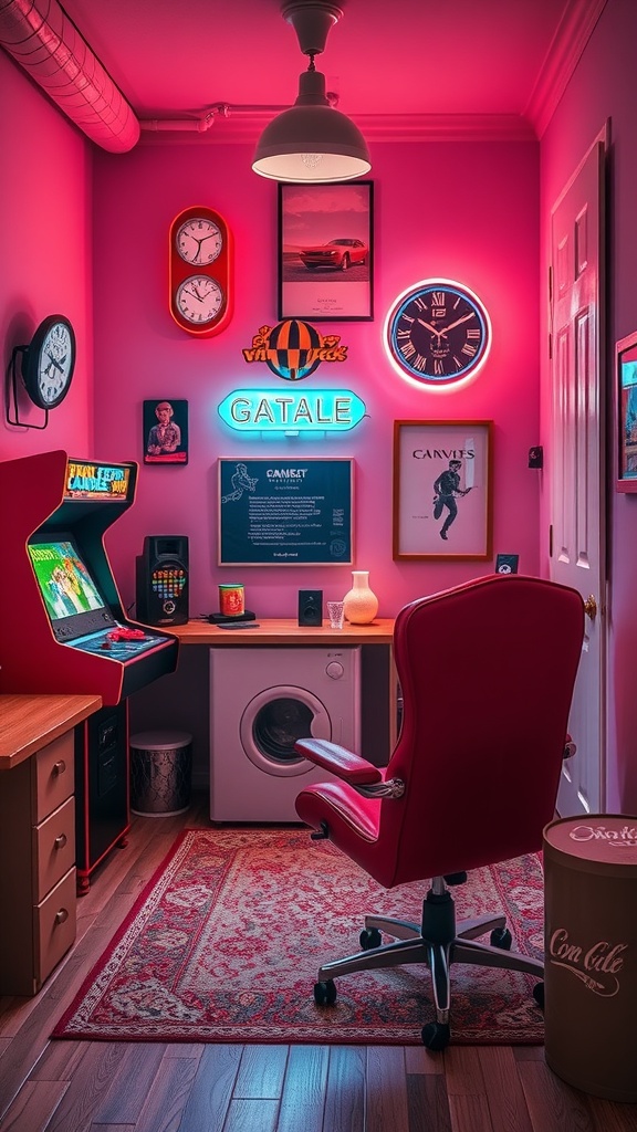 A vibrant retro arcade corner with a pink wall, arcade machine, red chair, and colorful decor.