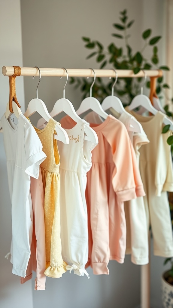 A display of retro baby clothing on a wooden rack in soft pastel colors.