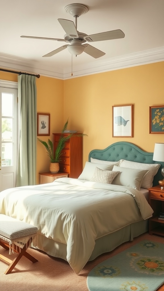 A vintage bedroom featuring warm yellow walls, soft green bedding, and wooden furniture.
