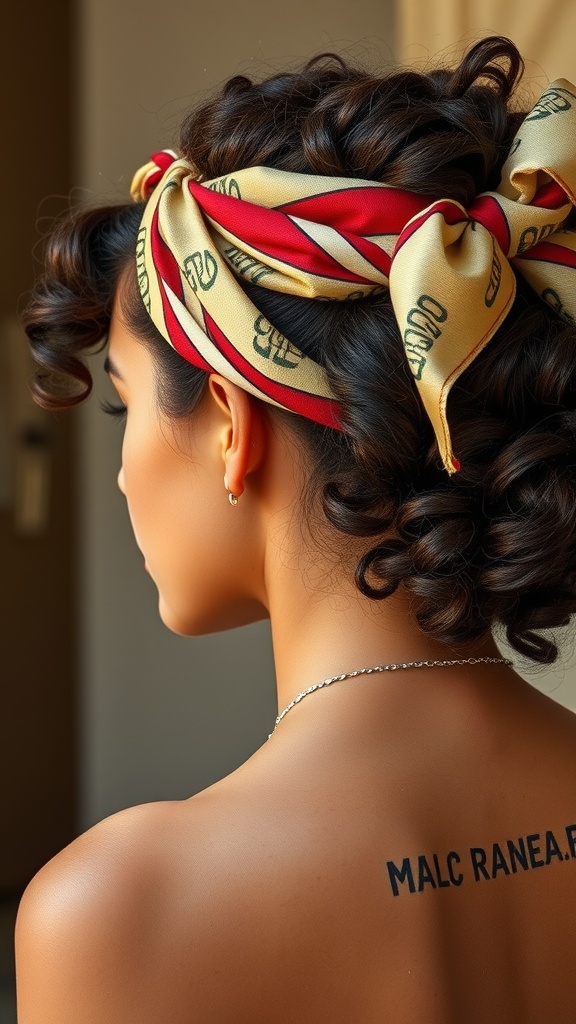 Woman with retro curls and a stylish scarf tied around her head.