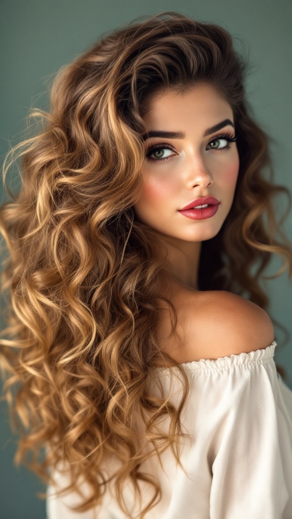 A woman with long curly hair styled in a retro pin-up look, featuring voluminous curls and a glamorous appearance.