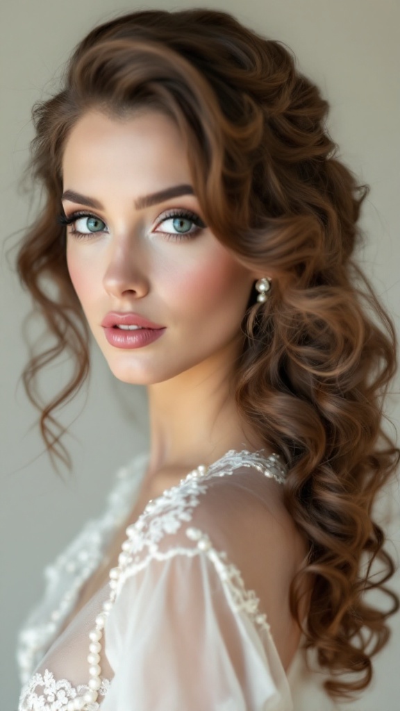 A bride with soft curls and finger waves, showcasing a vintage hairstyle.