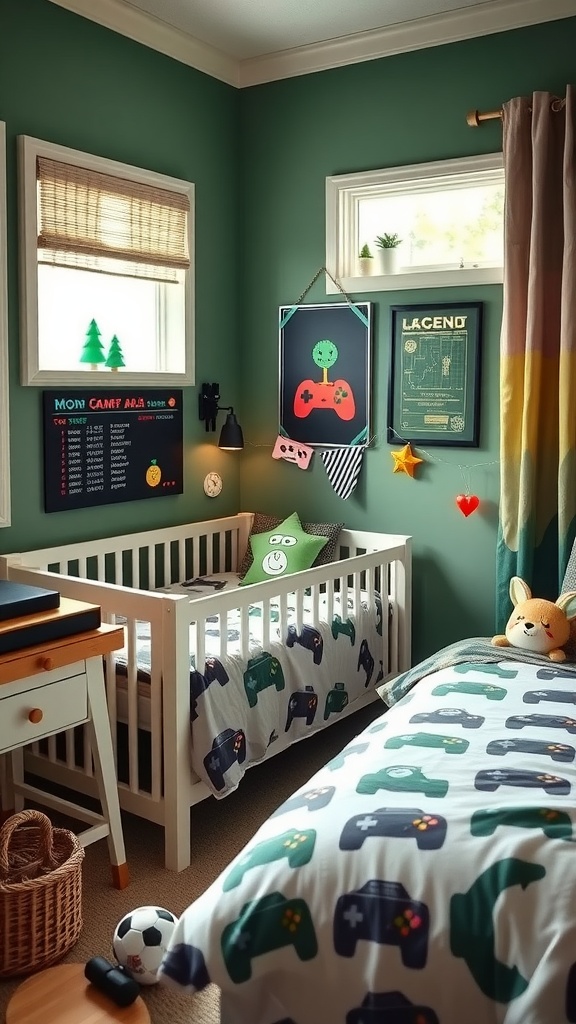 A cozy baby boy room designed with retro gaming vibes, featuring gaming-themed bedding and playful decor.