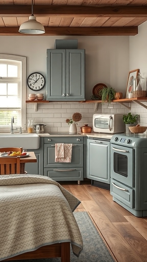 A cozy kitchen featuring retro grey appliances, wooden accents, and a warm atmosphere.
