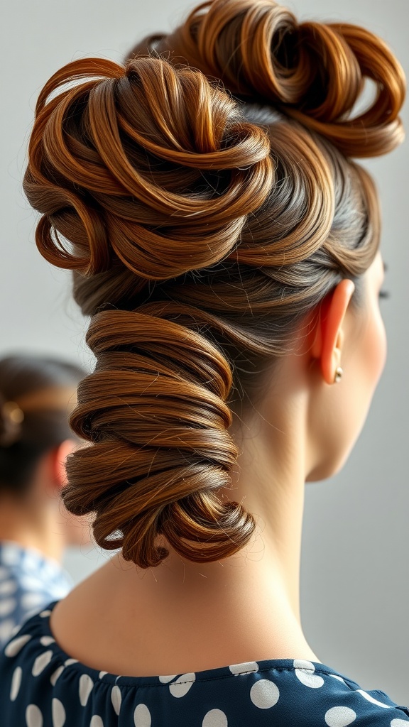 A stylish retro high ponytail hairstyle featuring volume and curls.
