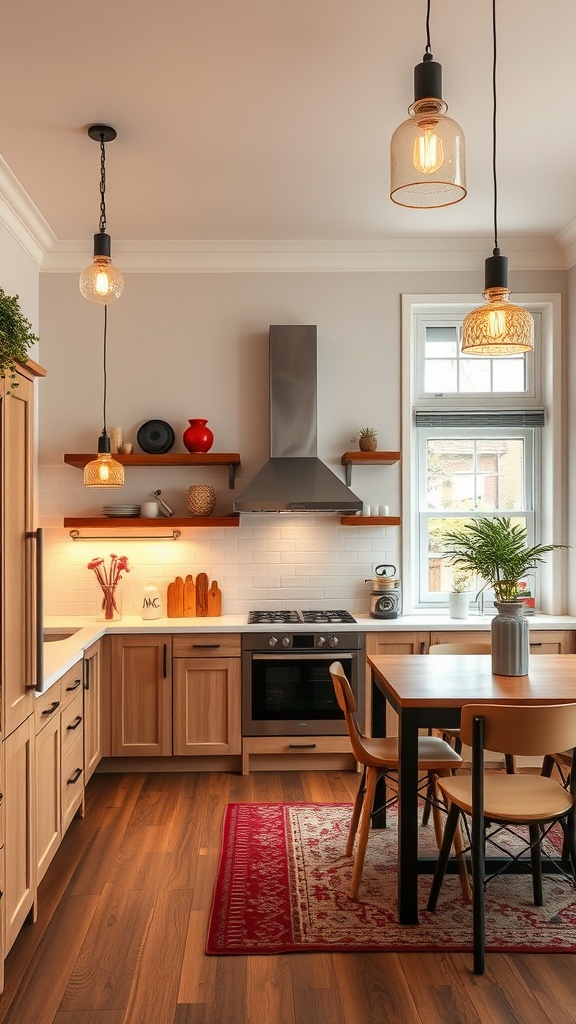 A cozy retro kitchen featuring various hanging lighting fixtures, wooden cabinets, and a dining table.