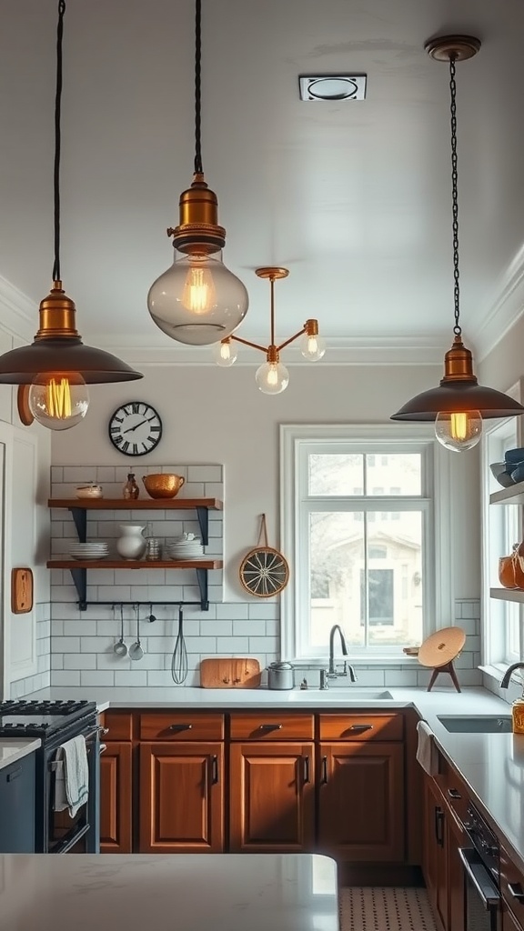 A retro kitchen with stylish lighting fixtures hanging above