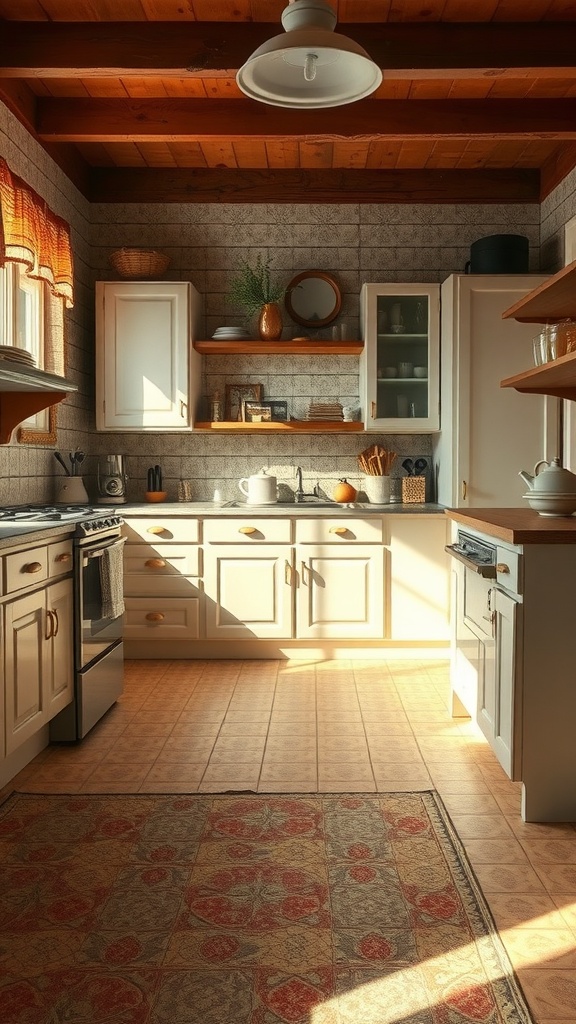 Cozy kitchen with retro linoleum look rug, warm lighting, and inviting decor.