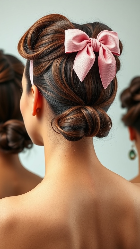 A woman showcasing a retro pin-up hairstyle with a pink bow headband, featuring an elegant bun.