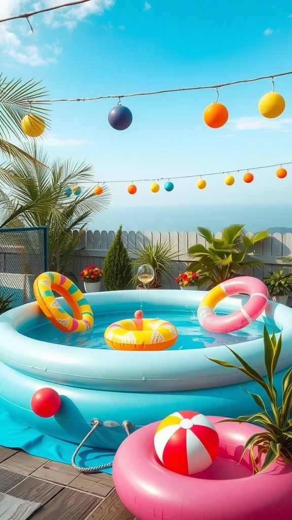 Bright inflatable pool with colorful floaties and string lights for a retro pool party theme
