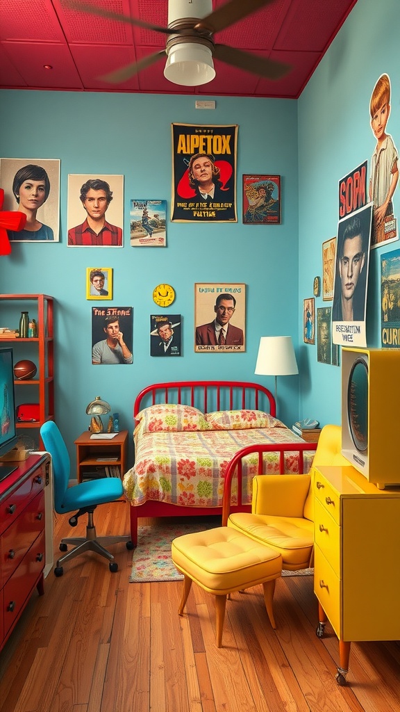 A colorful retro-themed bedroom with blue walls, a red metal bed, and various pop culture posters.