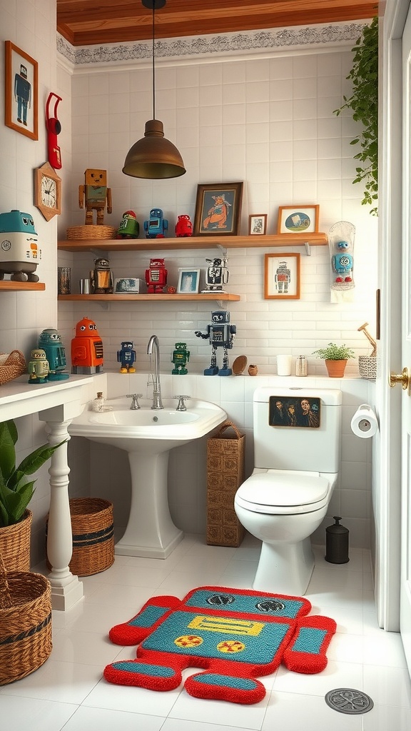 A colorful and playful bathroom decorated with retro robot figures, featuring a robot-shaped rug, shelves with toys, and a bright, cheerful atmosphere.