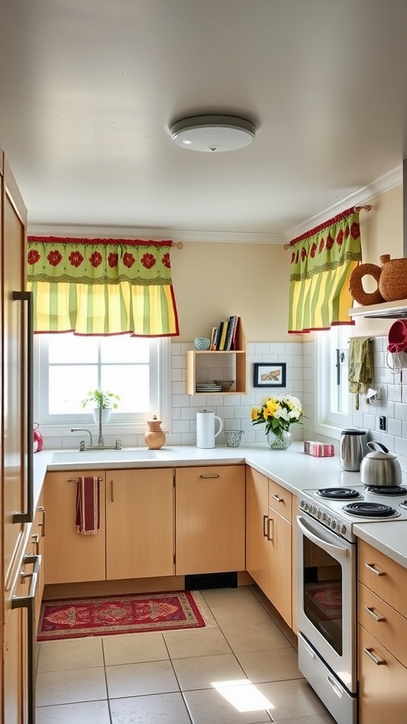 A kitchen with retro-style valances featuring green and yellow stripes and floral patterns.
