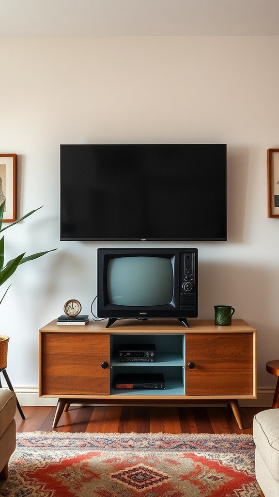 A retro-style TV stand featuring a vintage television set and a modern flat-screen TV.