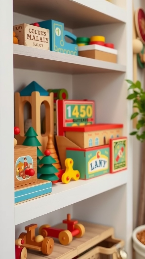 A shelf filled with colorful retro wooden toys and games, showcasing vintage nursery decor.