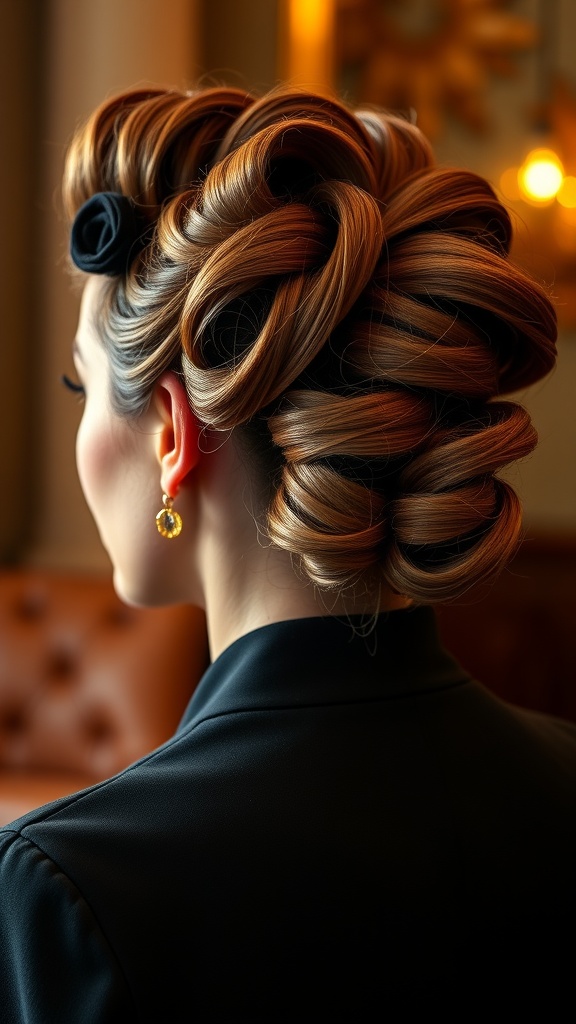 A woman with a retro victory roll hairstyle, featuring large rolled sections of hair and a flower accessory.