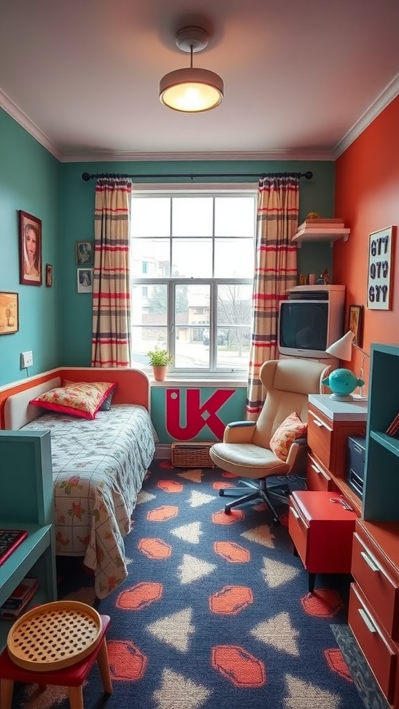 A cozy teen bedroom with retro vintage charm, featuring colorful walls, a quilted bed, and a workspace.