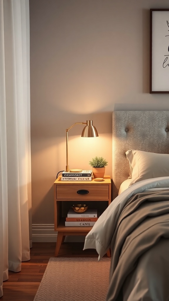 A stylish nightstand with a lamp, plant, and books beside a bed.