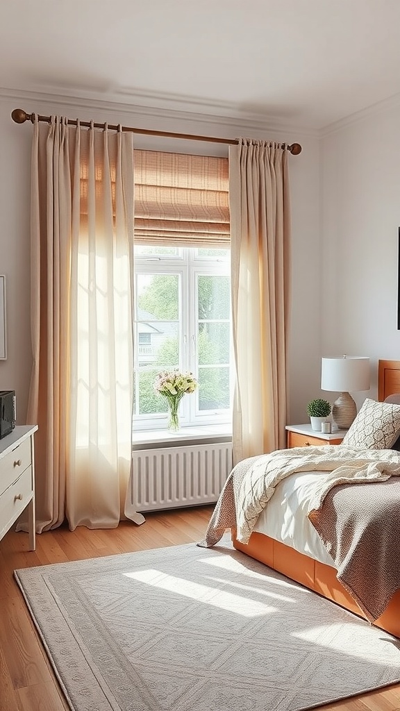 A cozy bedroom featuring light curtains and blinds by the window, showcasing a fresh and inviting atmosphere.