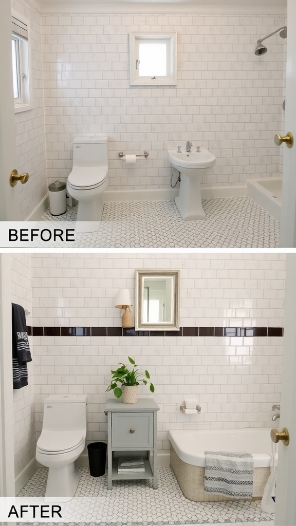 Before and after bathroom transformation with peel and stick tiles.