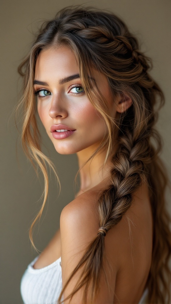 A young woman with long hair styled in a reverse braid, with loose strands framing her face.
