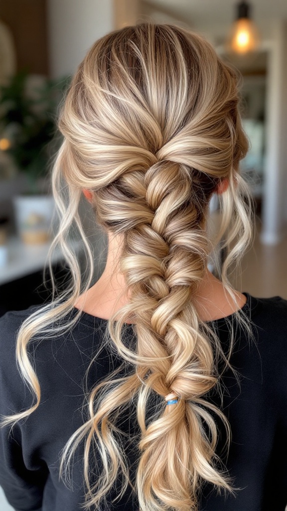 A woman with a reverse braid and soft curls, showcasing a stylish hairstyle.
