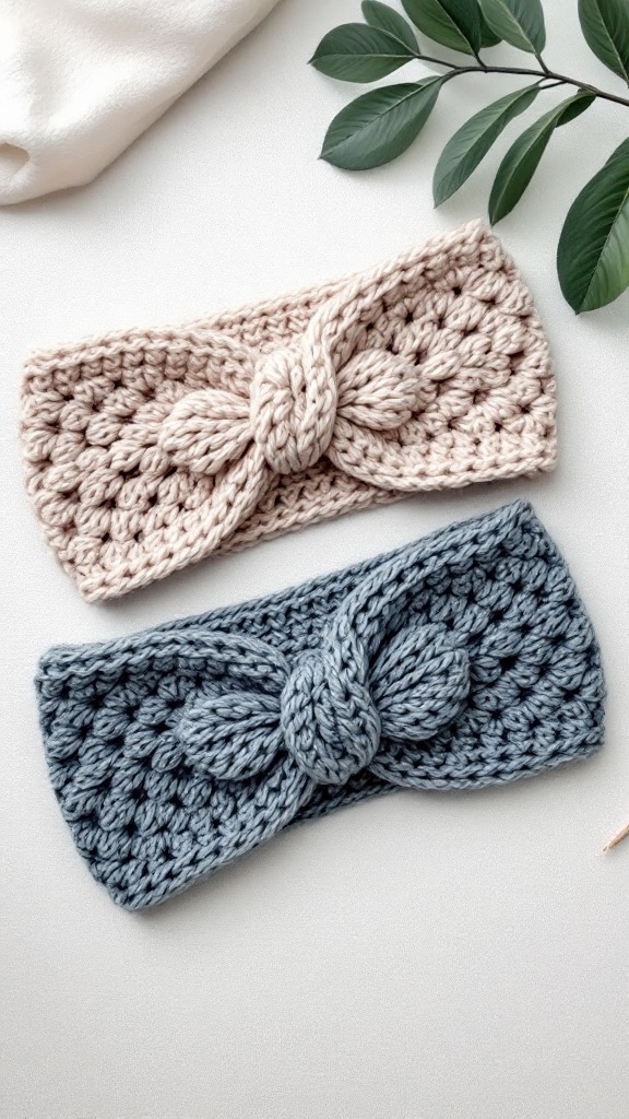 Two reversible crochet headbands, one beige and one slate blue, with knot detail.