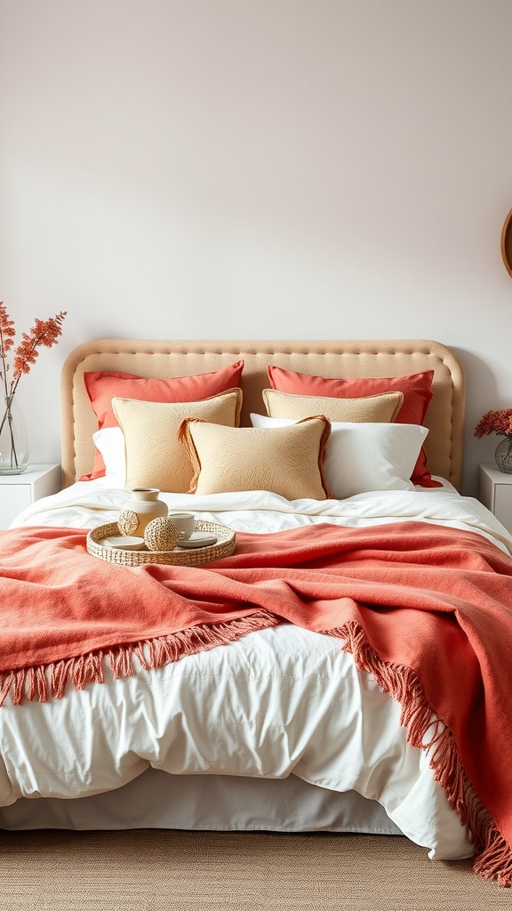 A cozy bedroom featuring a bed with coral throw blanket and decorative pillows.