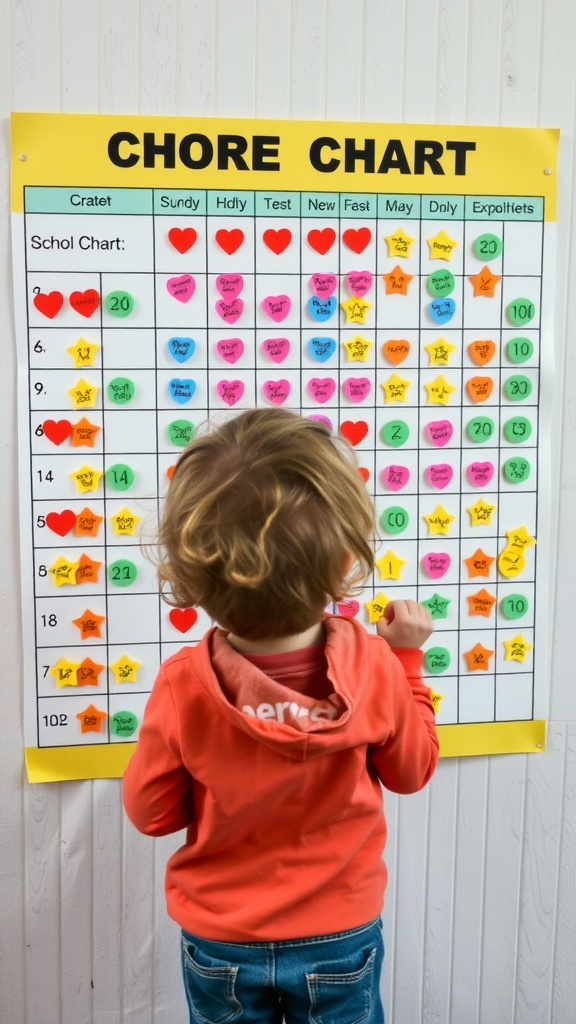 A colorful chore chart with stickers and a child looking at it